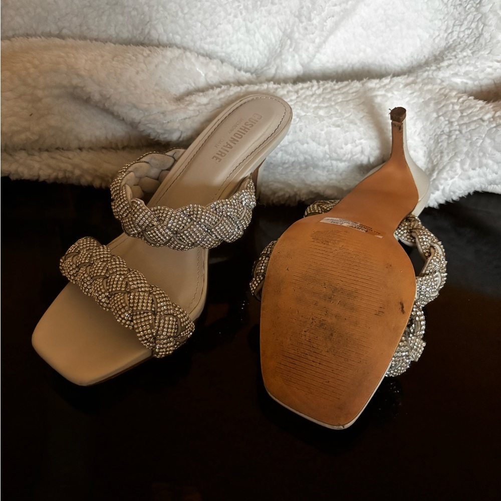 Chic White Beaded/Diamond Studded Women's Kitten Heel Sandals - Picture 5 of 5